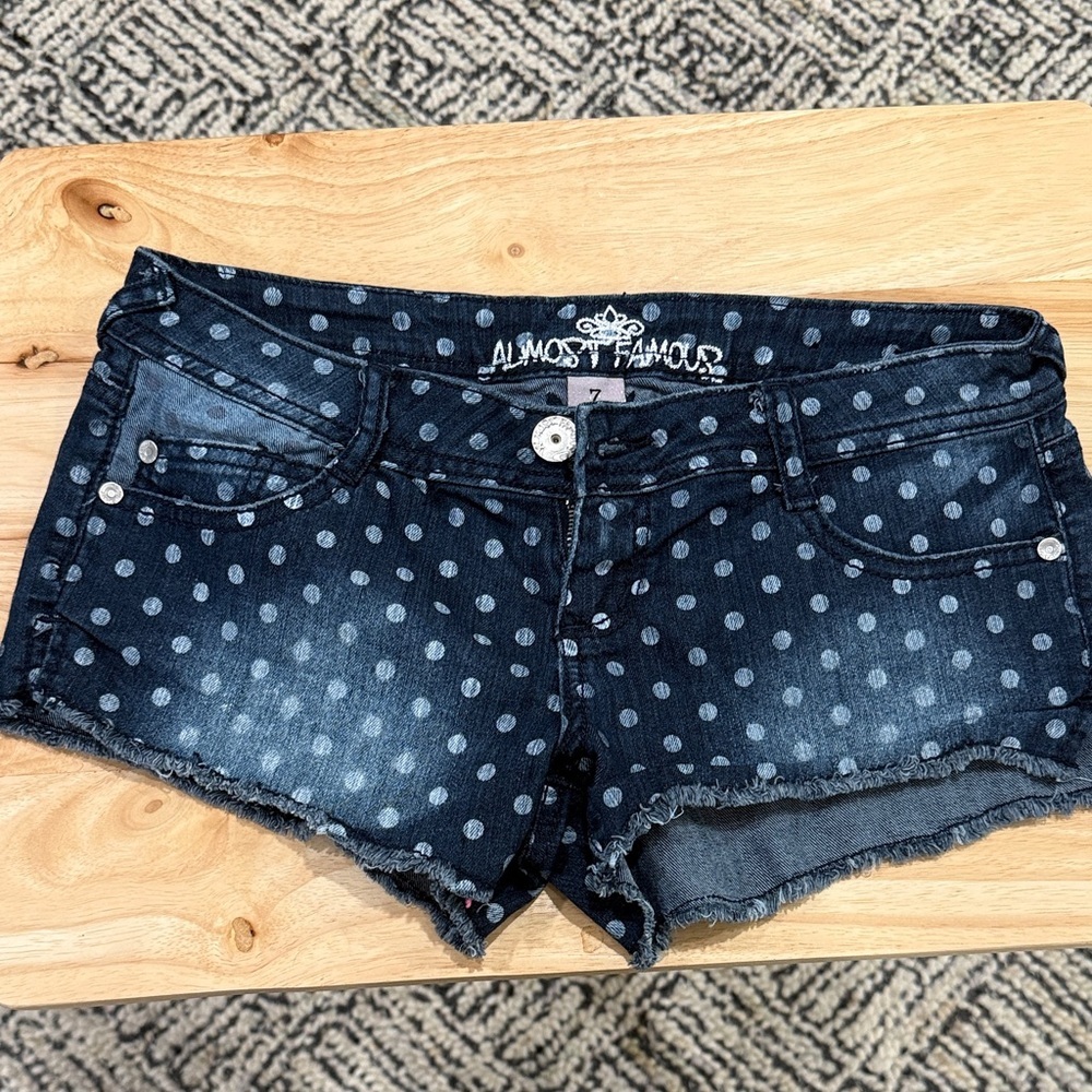 Almost Famous Women's Dark Blue Polka Dot Jean Shorts